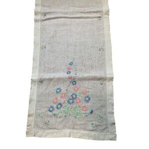Vintage Floral Embroidered Linen Table Runner - 41" x 14.5" - Charming Handcraft